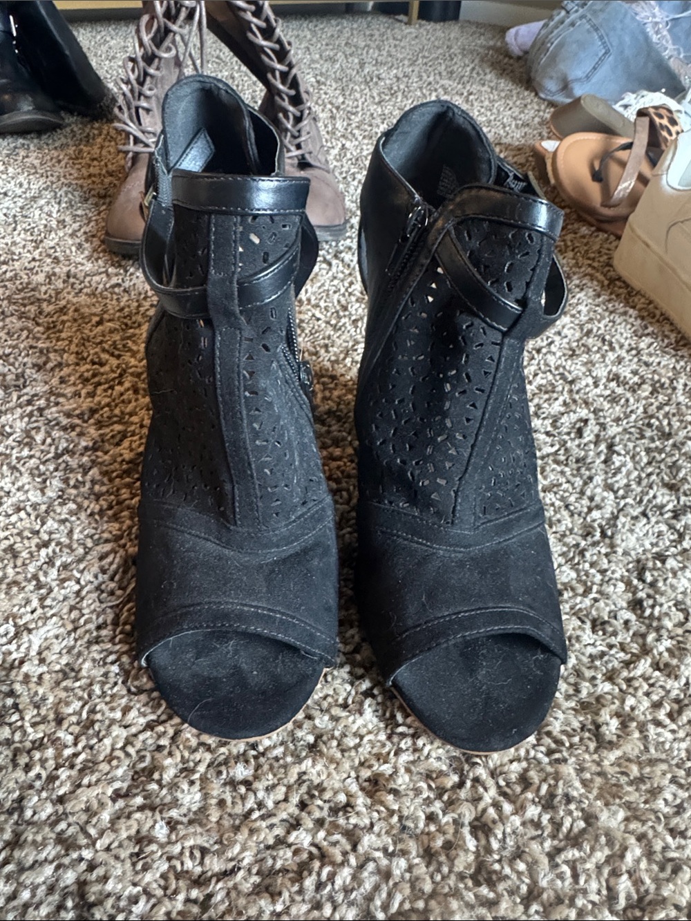 Never Worn Black Open-Toe Perforated Suede Ankle Booties